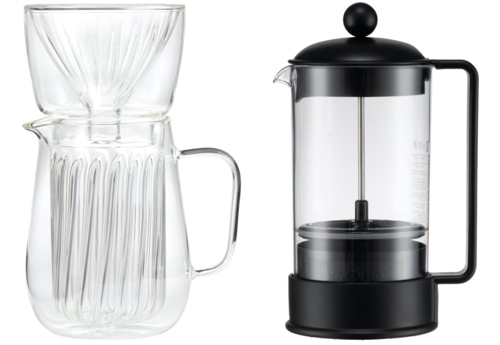 glass pour over coffee maker and black french press