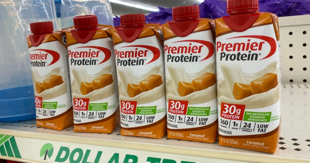 premier protein shakes caramel on shelf at dollar tree