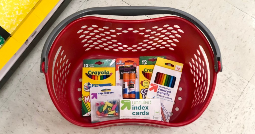 school supplies in target basket on floor