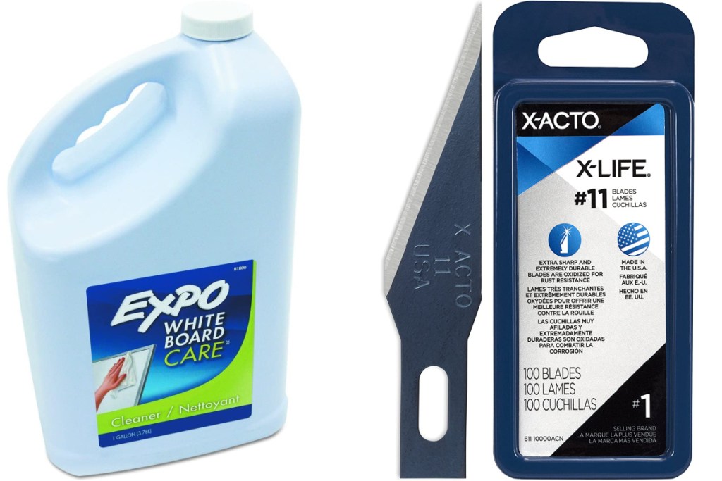 expo cleaning fluid and exacto blades side by side