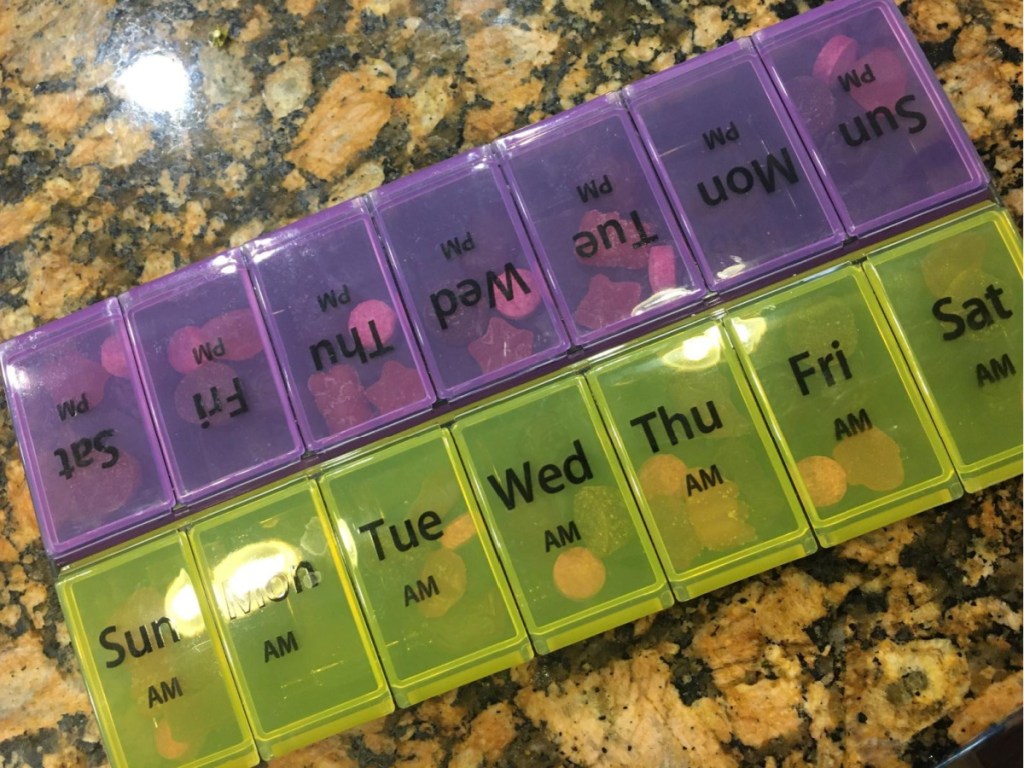 extra large pill organizer purple and yellow closed