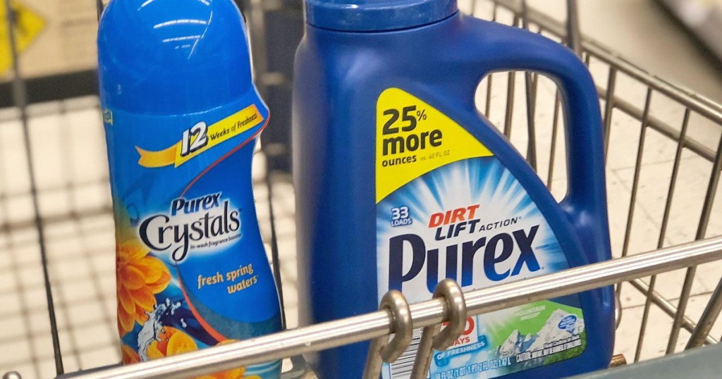 purex laundry detergent and crystals in shopping cart