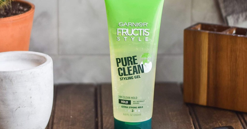 garnier fructis pure clean styling gel on wood counter