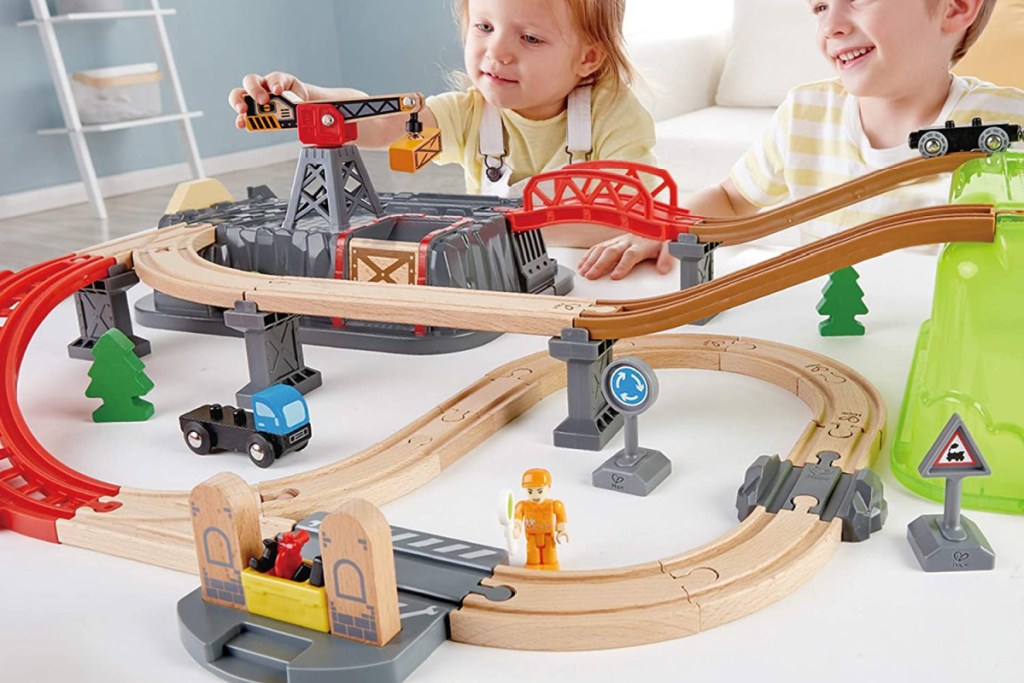 hape wooden railway set kids playing with