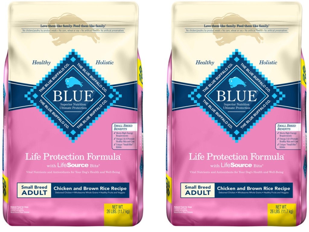 two bags of Blue Buffalo Life Protection Formula, Adult Small Breed Dry Dog Food, Chicken & Brown Rice Recipe