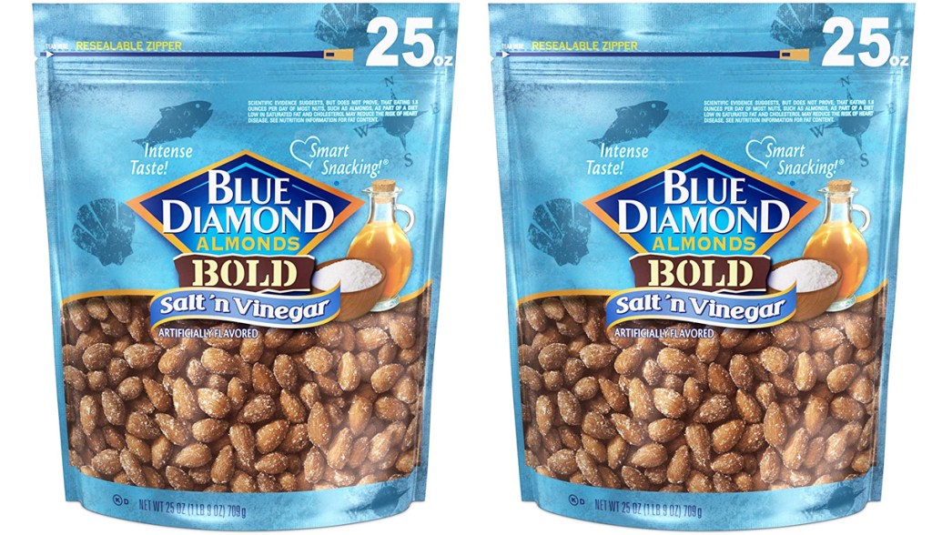 two light blue colored bags of blue diamond salt & vinegar flavored almonds