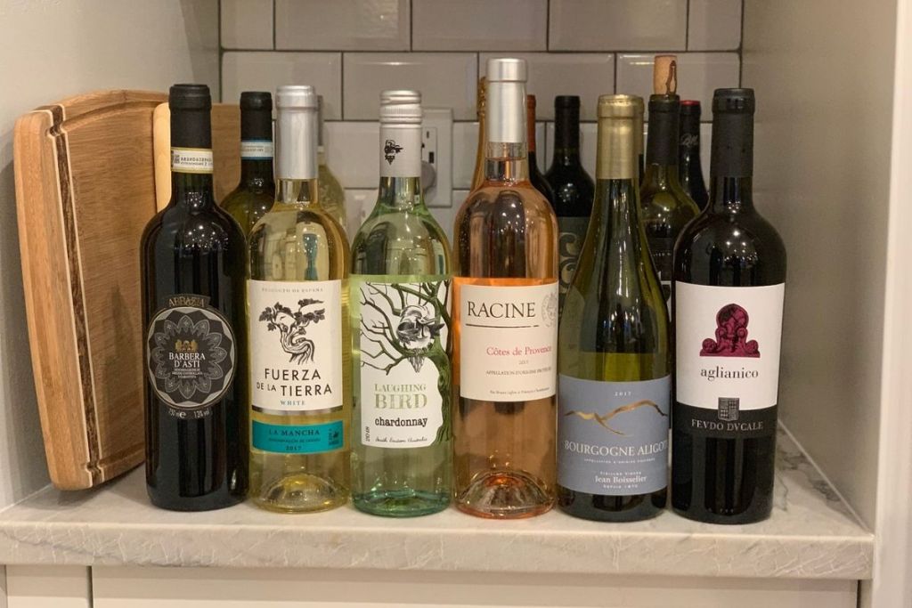 wine bottles on a kitchen counter