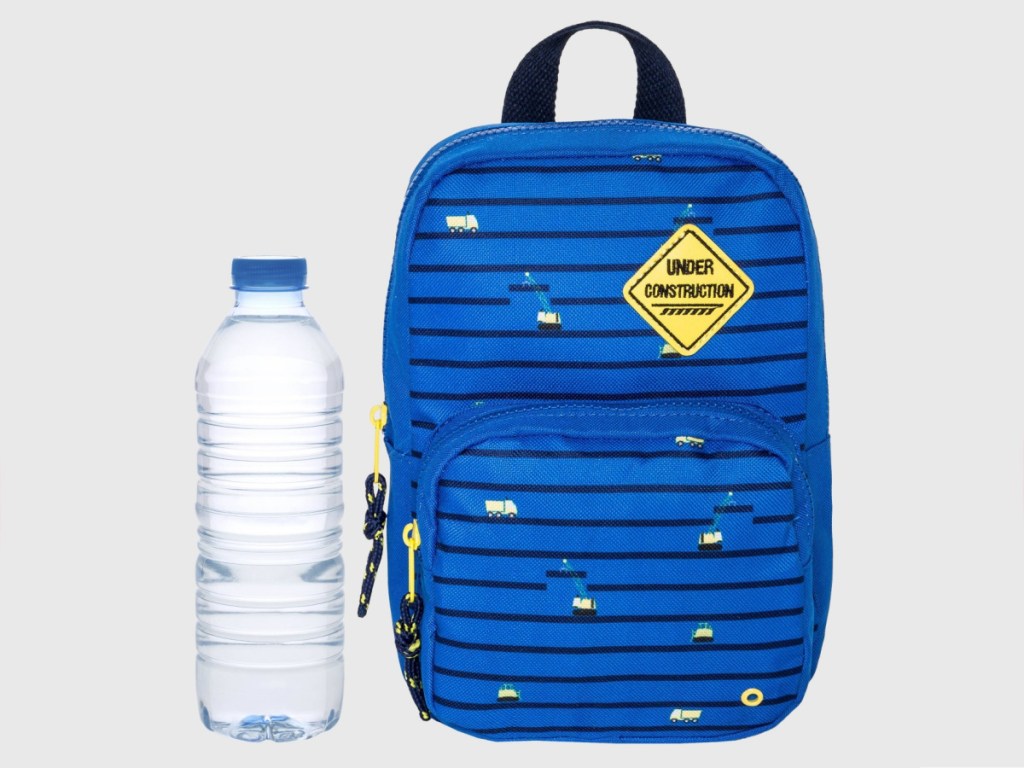 blue construction designed toddler boys backpack and water bottle