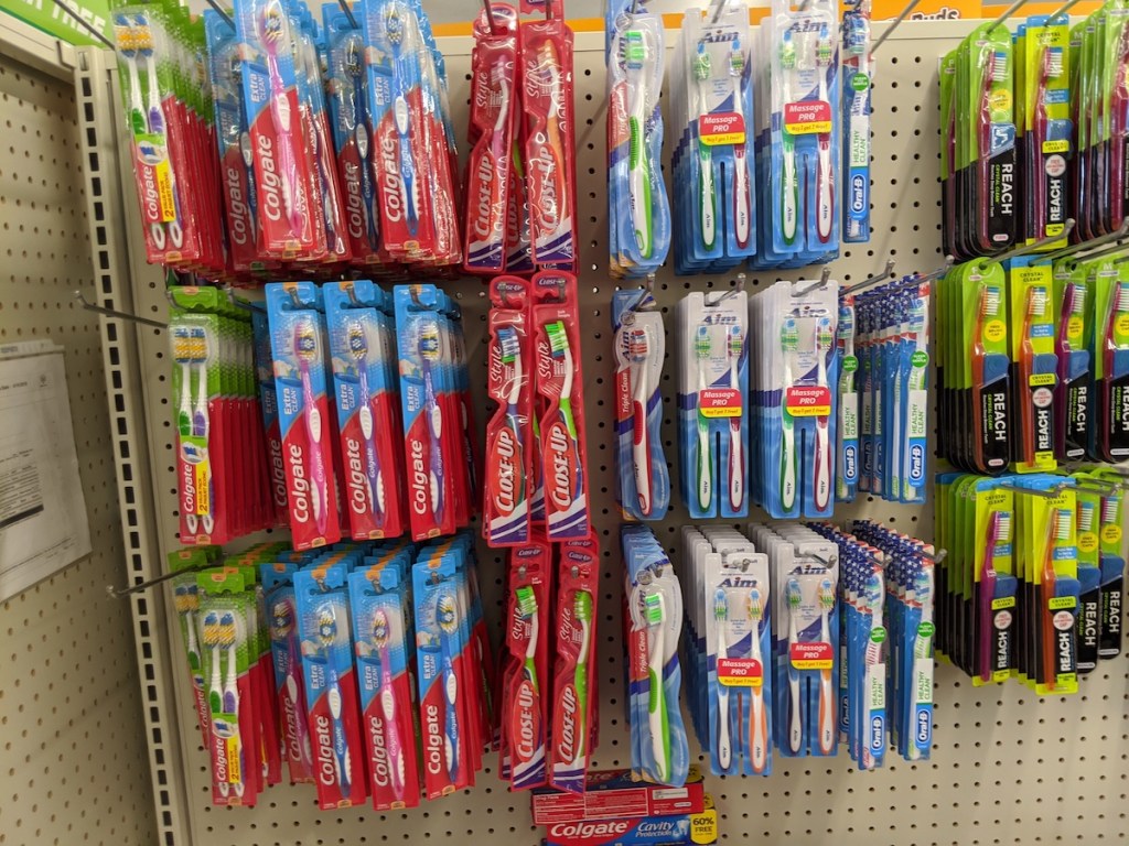 display of toothbrushes at dollar tree