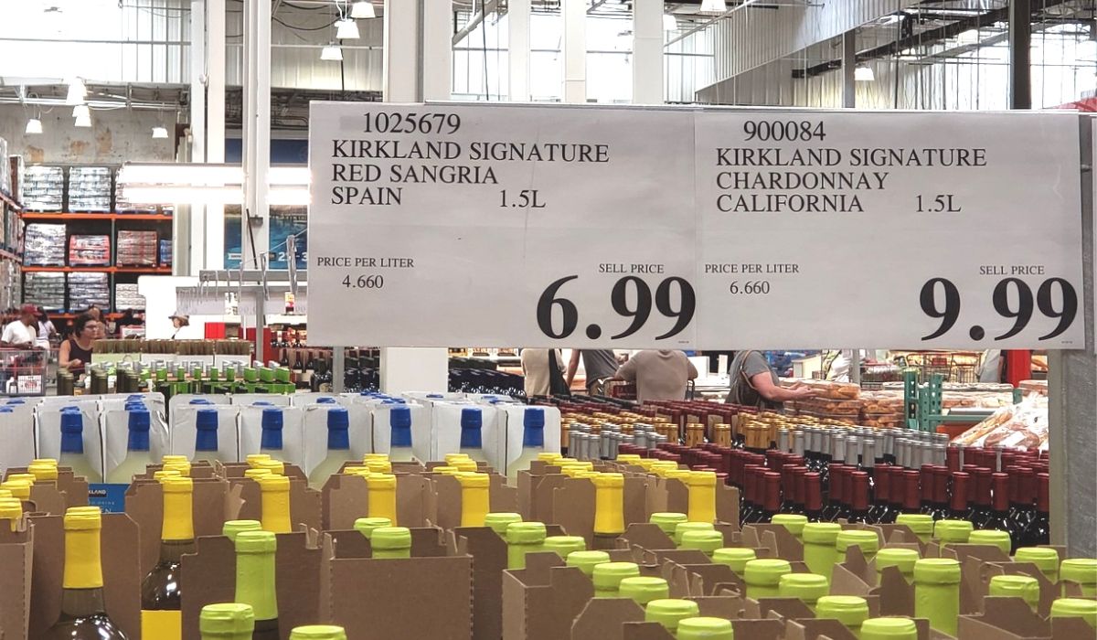 Wine deals displayed on signs at Costco