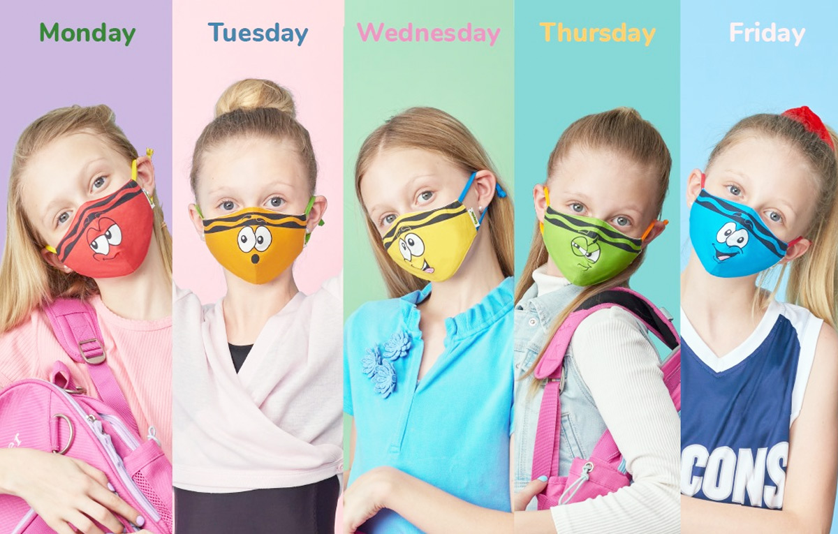 five photos of a girl wearing new outfits and crayola face masks labeled with different days of the week