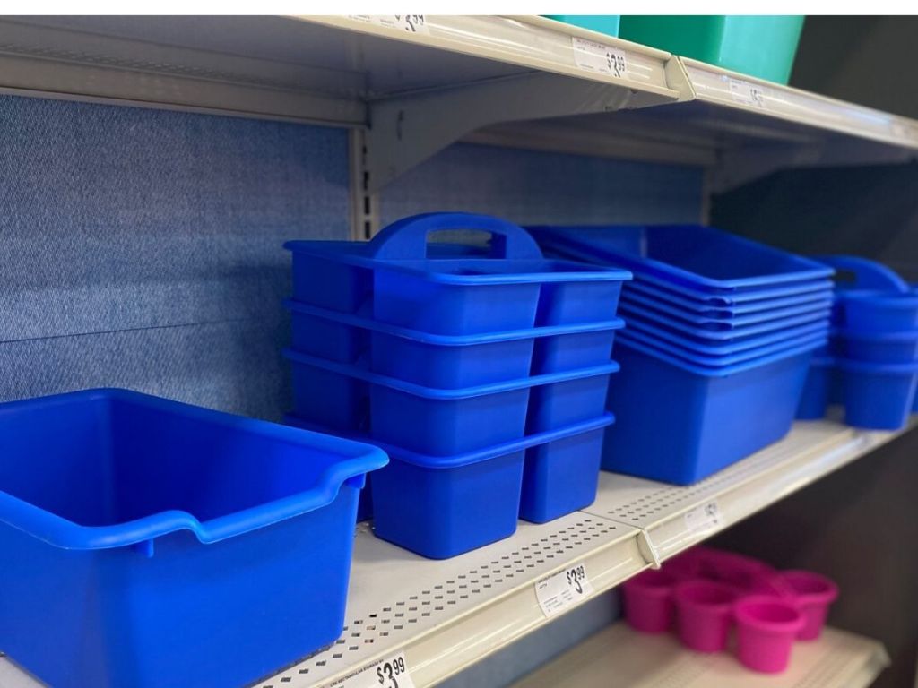 plastic storage bins on store shelf 