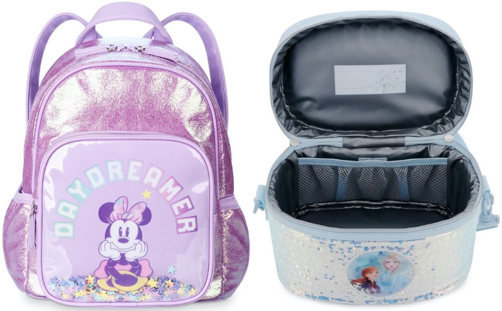 light purple Minnie Mouse backpack and light blue Frozen 2 lunch box