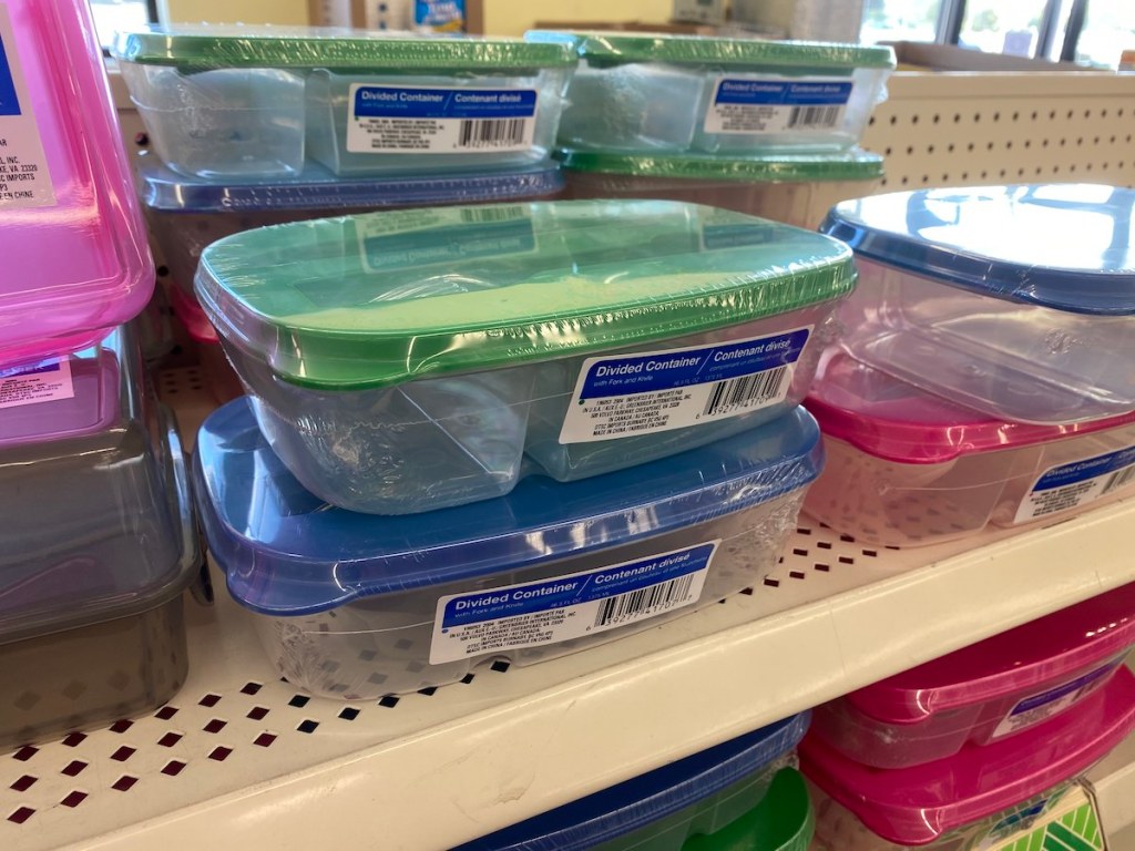 green, blue, and pink Divided Container at dollar tree