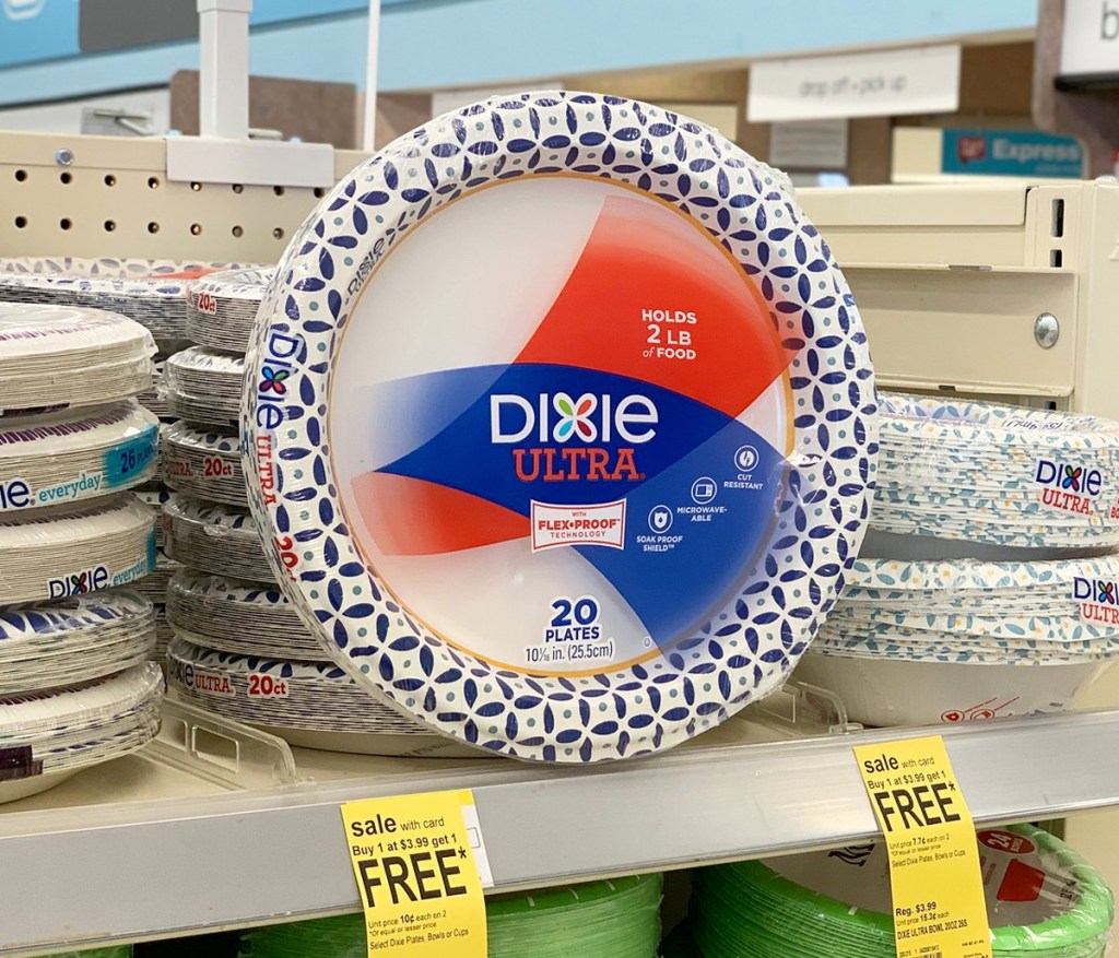 store display shelf with various sizes of dixie brand paper plates and bowls