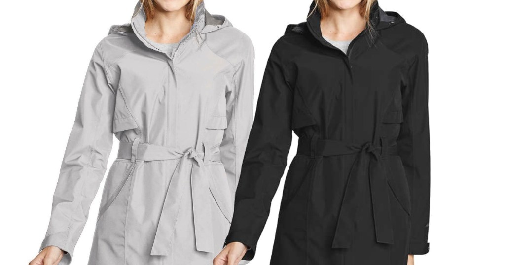 two ladies wearing Eddie Bauer Trench Coats. It's really the same lady twice with the power of Photoshop. 
