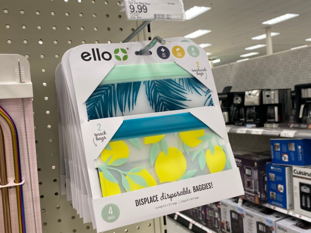 Ello Reuseable Baggies hanging on a shelf in-store