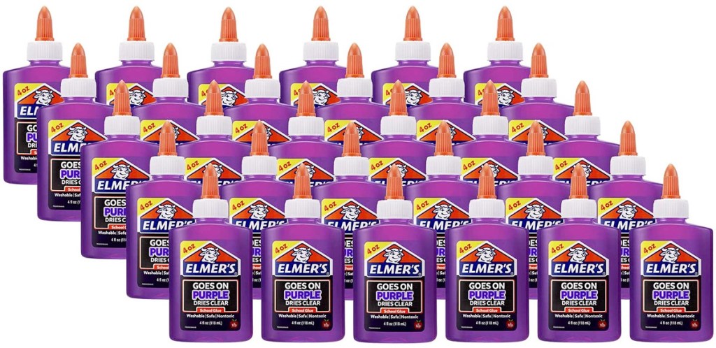 30 bottles of elmer's brand purple liquid glue with white and orange tips