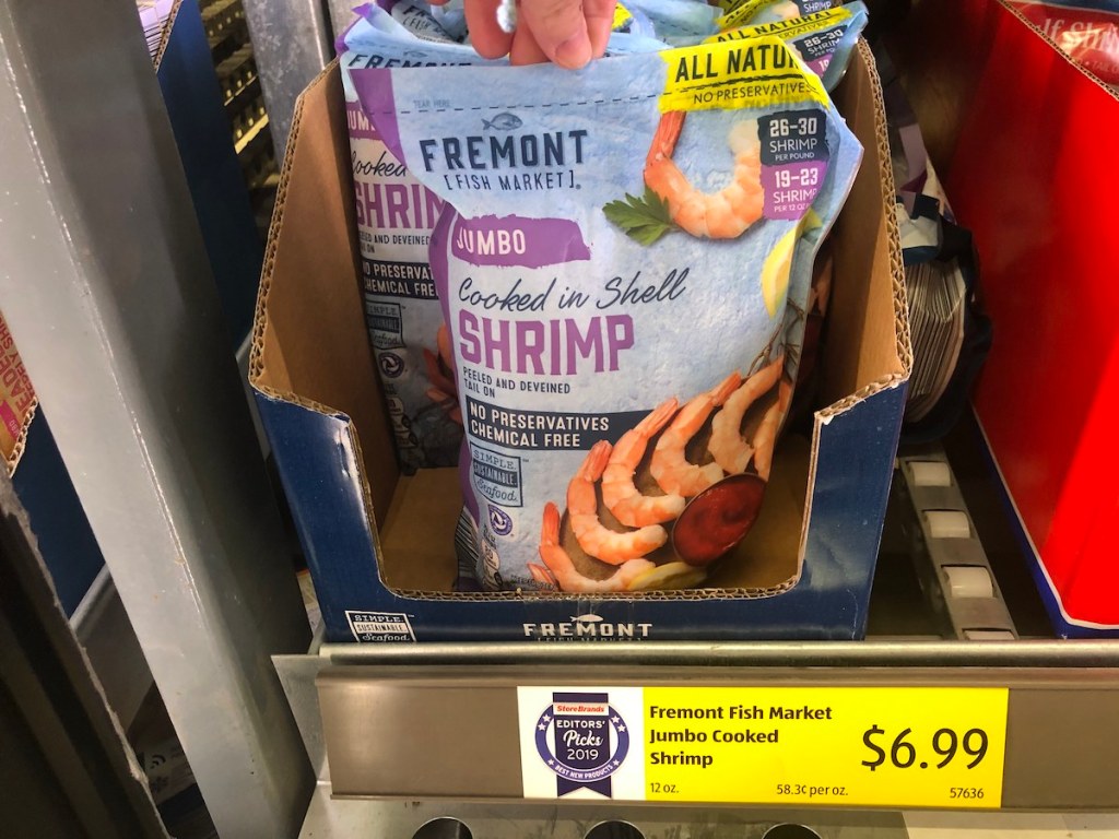 bag of Fremont Fish Market Jumbo EZ Peel Raw Shrimp in the freezer