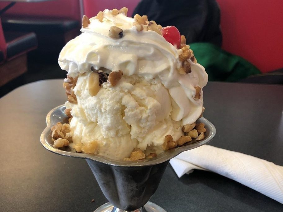 sundae with nuts in a silver bowl from friendlys is one of the best 2023 birthday freebies