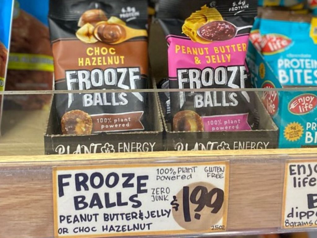 packages of energy balls on store shelf 