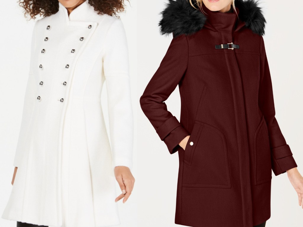 woman in button up white jacket and woman in long maroon fur hooded jacket