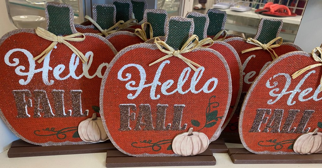 Hello Fall Signs on shelf