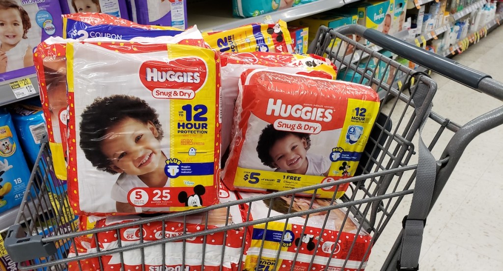 Huggies diapers in a cart