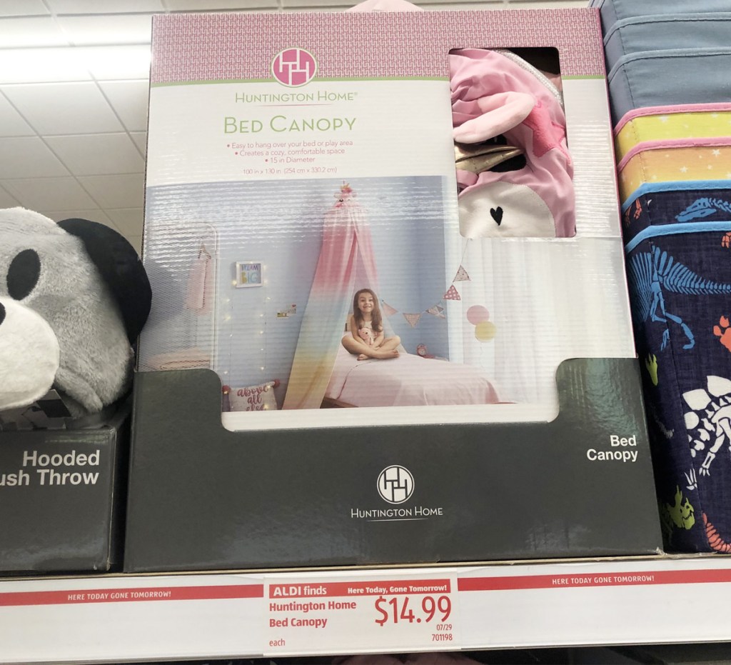 box for a girls tie-dye bed canopy on a store shelf