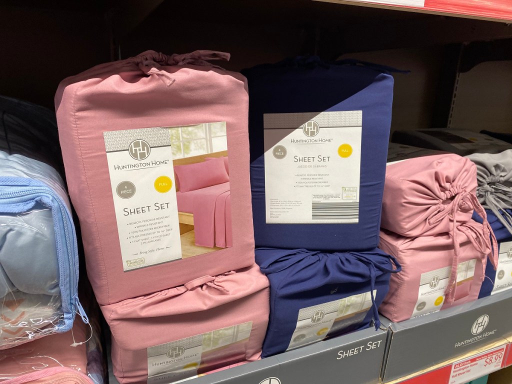 Huntington Home pink and blue sheet sets on store shelf