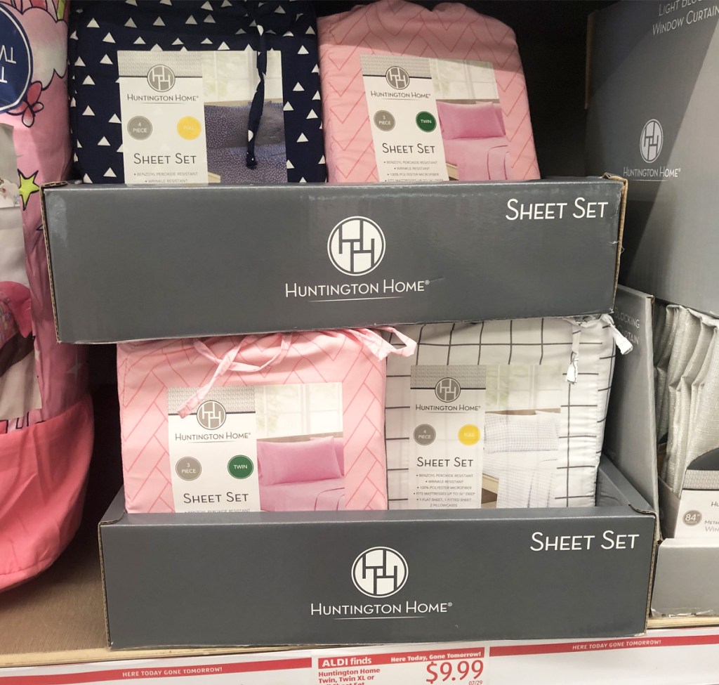 store shelf with boxes of sheet sets in various prints and sizes