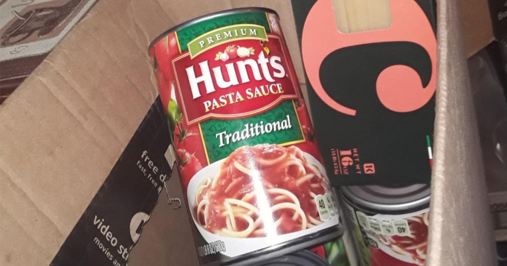 Hunts pasta sauce in amazon box