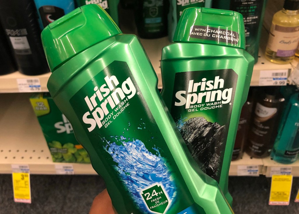 hand holding two bottles of Irish Spring body wash