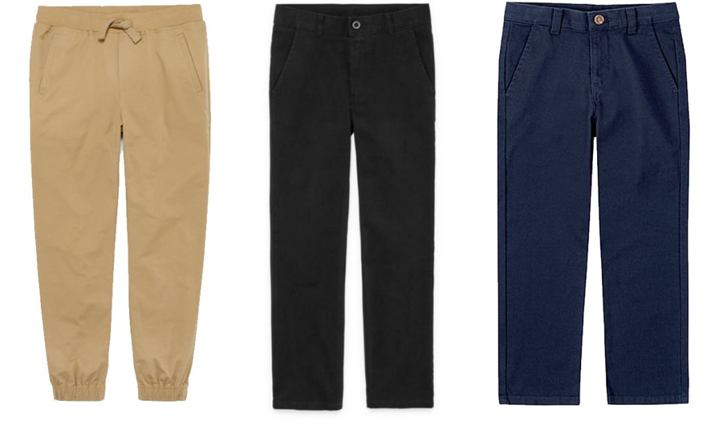 three pairs of boys uniform pants in khaki, black, and navy blue colors