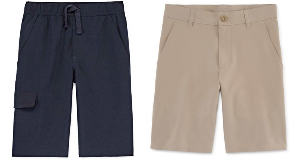 two pairs of boys uniform shorts in black and khaki colors