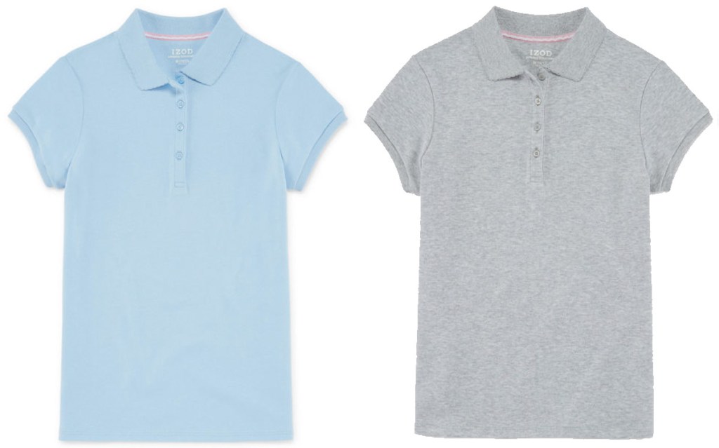 two girls uniform polo shirts in solid grey and light blue colors