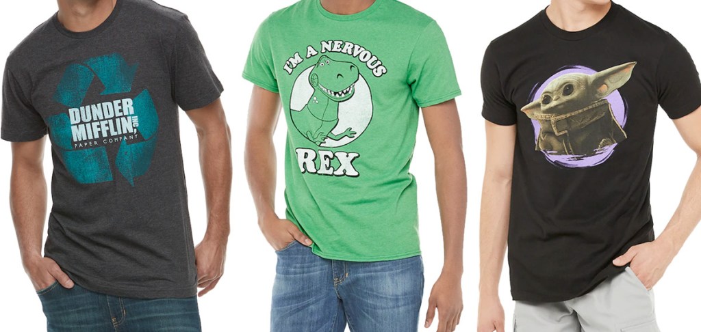 three men modeling graphic tees in toy story, baby yoda, and dunder mifflin print