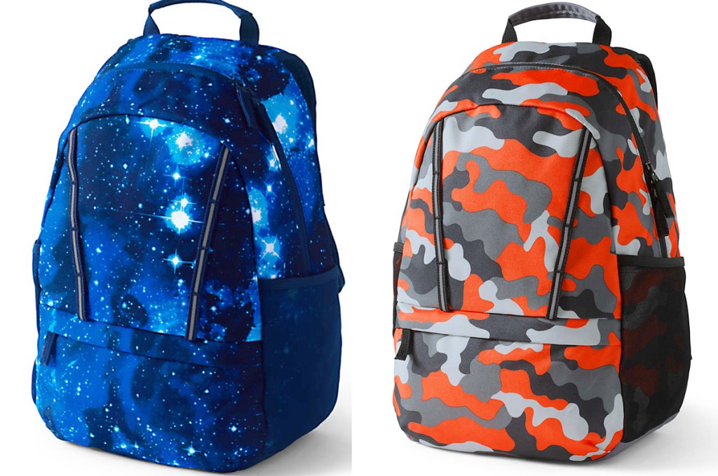two kids backpacks in blue galaxy print and orange and grey camo prints