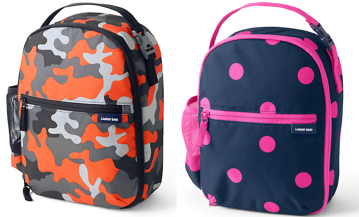 two kids lunch boxes in orange camo and navy and pink polka dot prints
