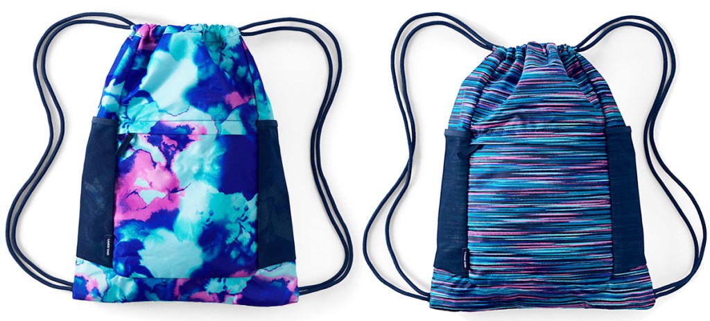drawstring backpack bags in galaxy and multi colored stripe prints