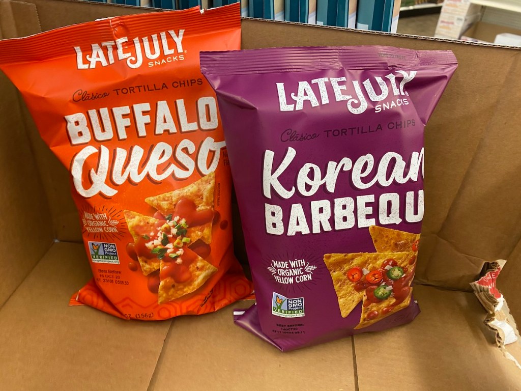 bag of Late July Tortilla Chips in buffalo queso and korean barbeque