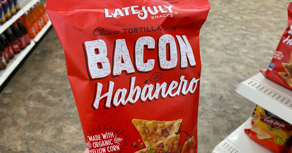 red bag of late july tortilla chips in bacon habanero