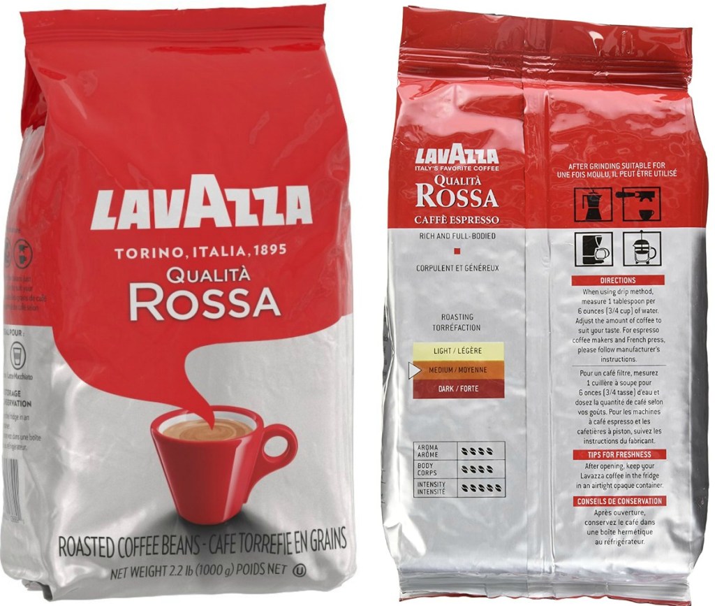 Front and back view of a red espresso bag