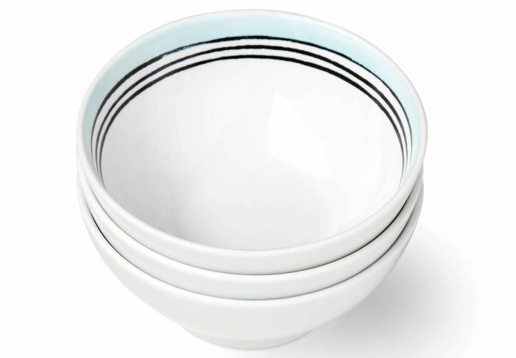 three white lenox bowls with blue