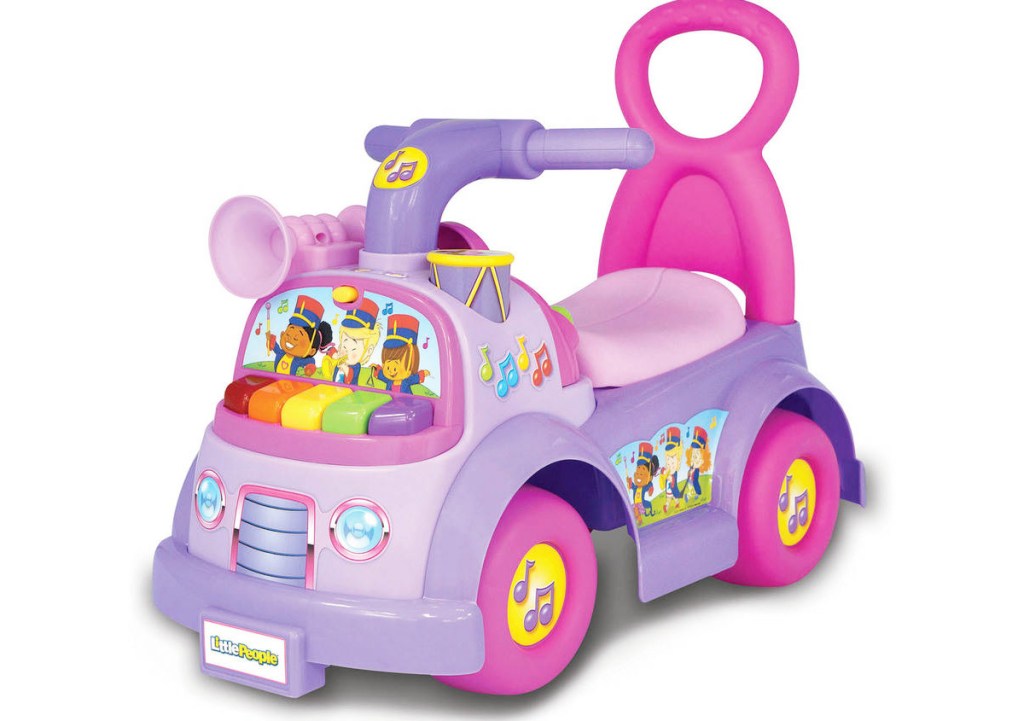 pink and purple fisher price little people themed toddler ride-on