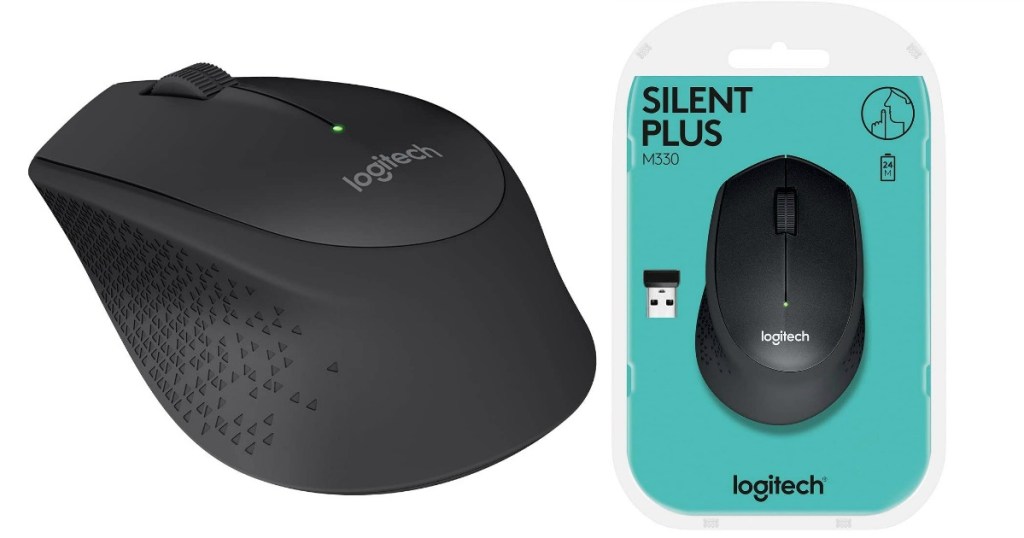Logitech Silent Mouse in black next to it's packaging