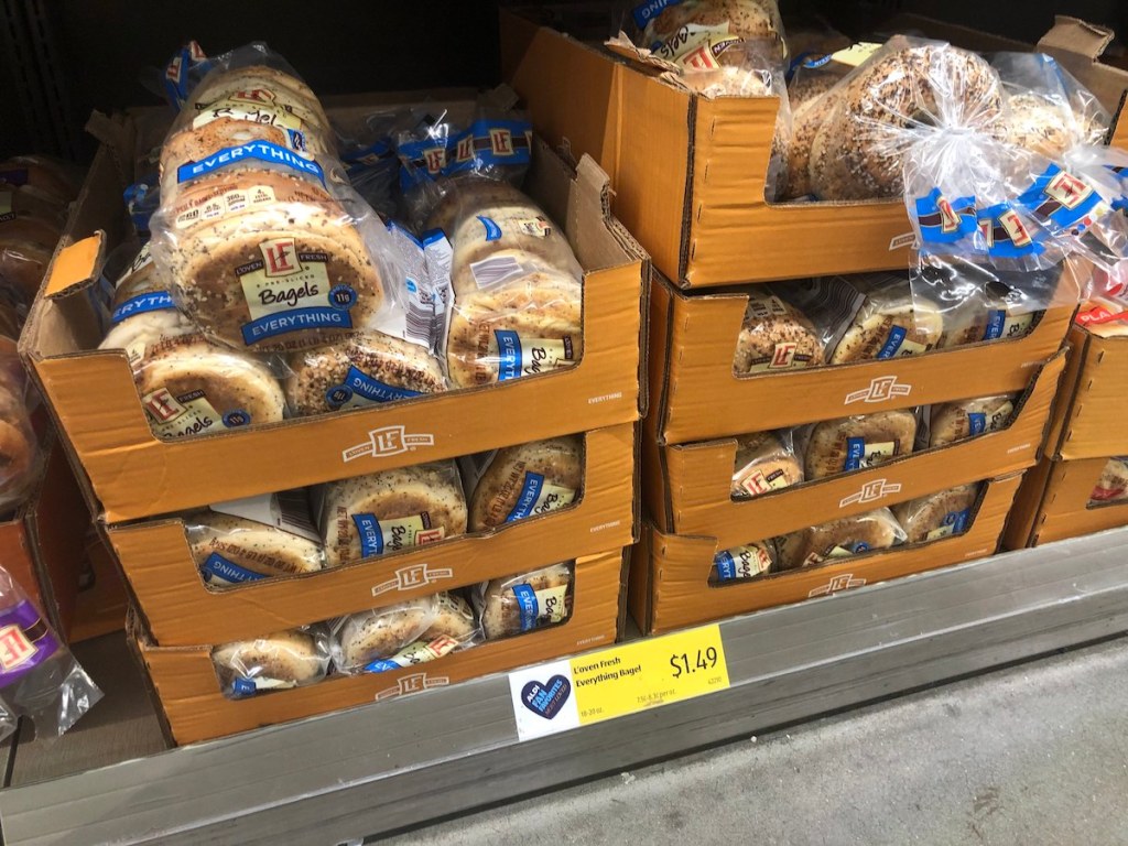 shelf with multiple bags of L'oven Fresh Everything Bagel