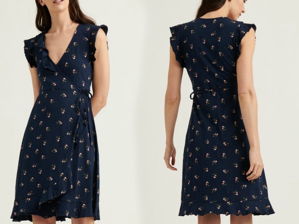 Front and back view of a woman wearing a navy dress