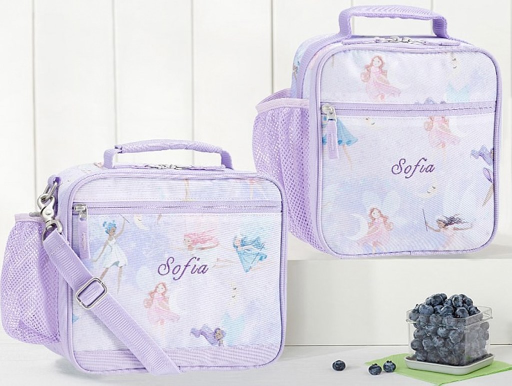 two light purple lunch boxes with fairy print