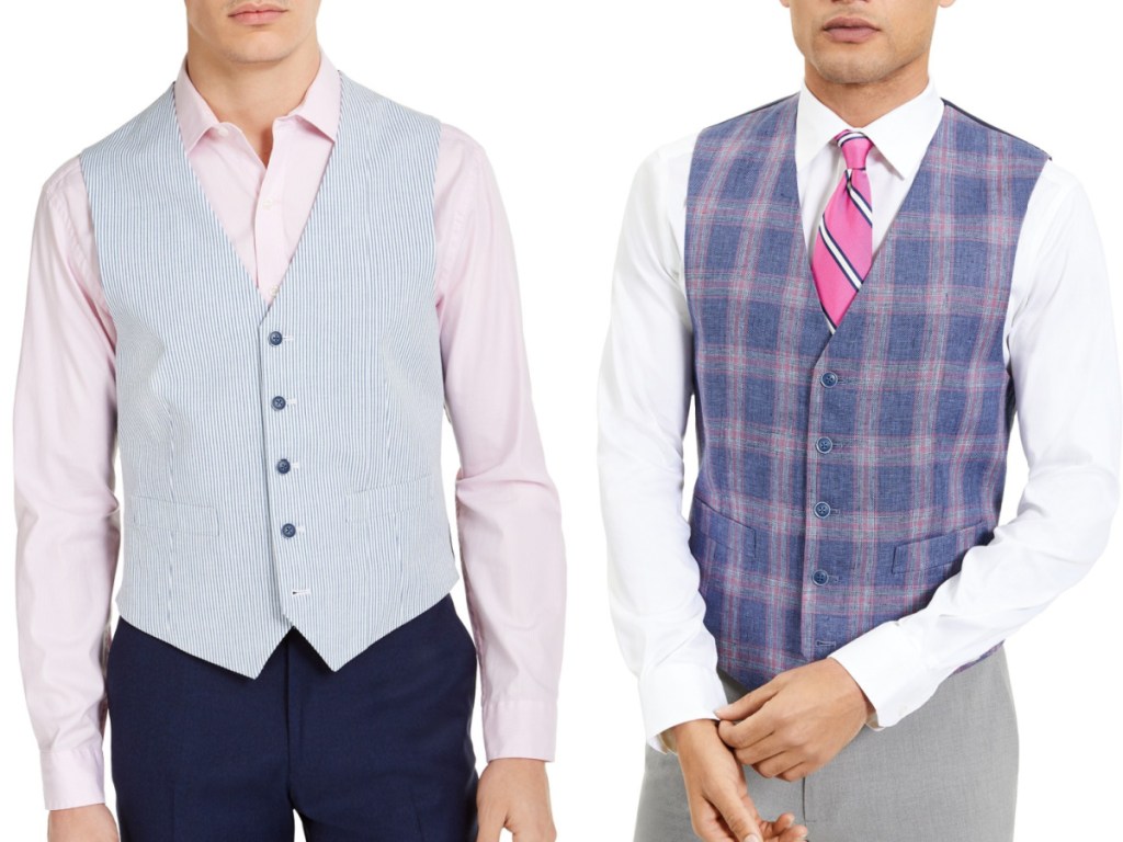 2 men standing side by side wearing vests, ties and dress shirts